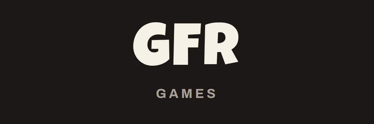 The GFR Games wordmark reversed, in warm off-white on near-black.