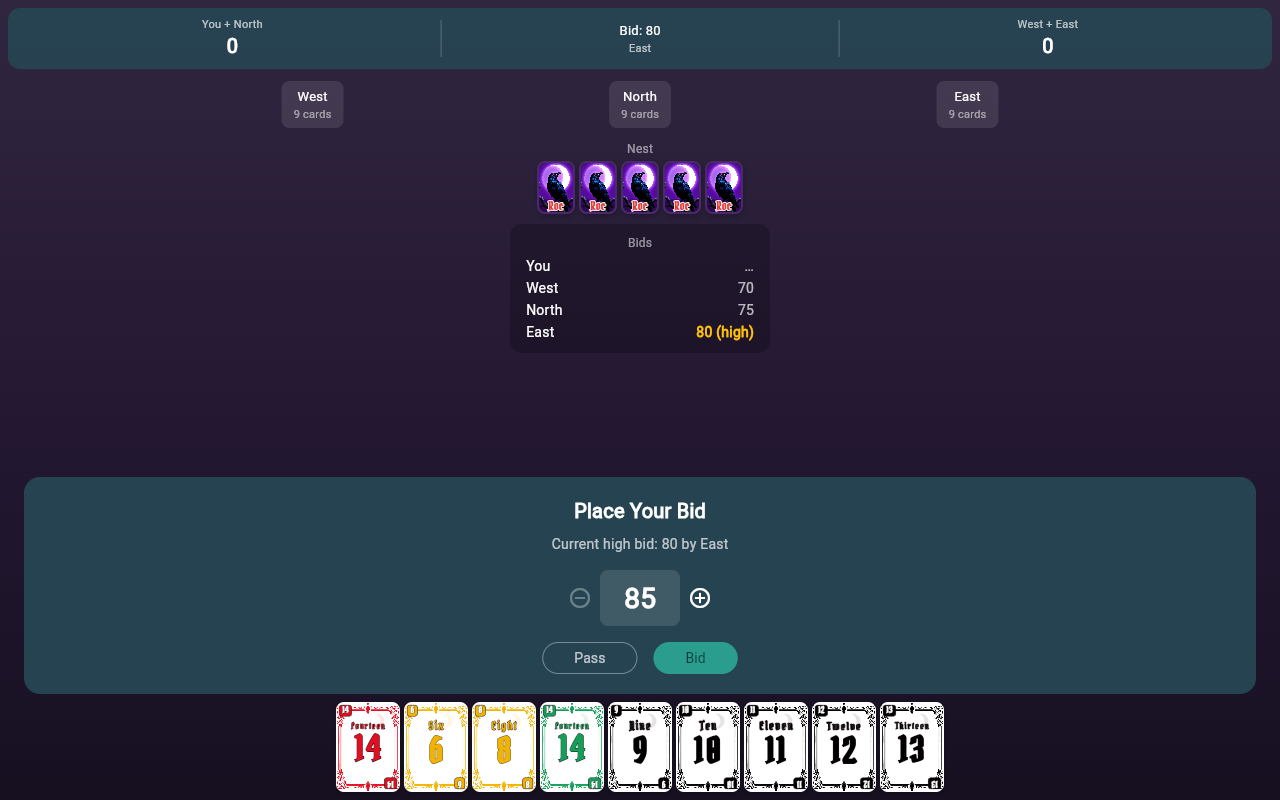 Roc in play: a bidding round with the player's hand of numbered cards fanned along the bottom, opponents' bids listed in a panel, and the five-card nest above.