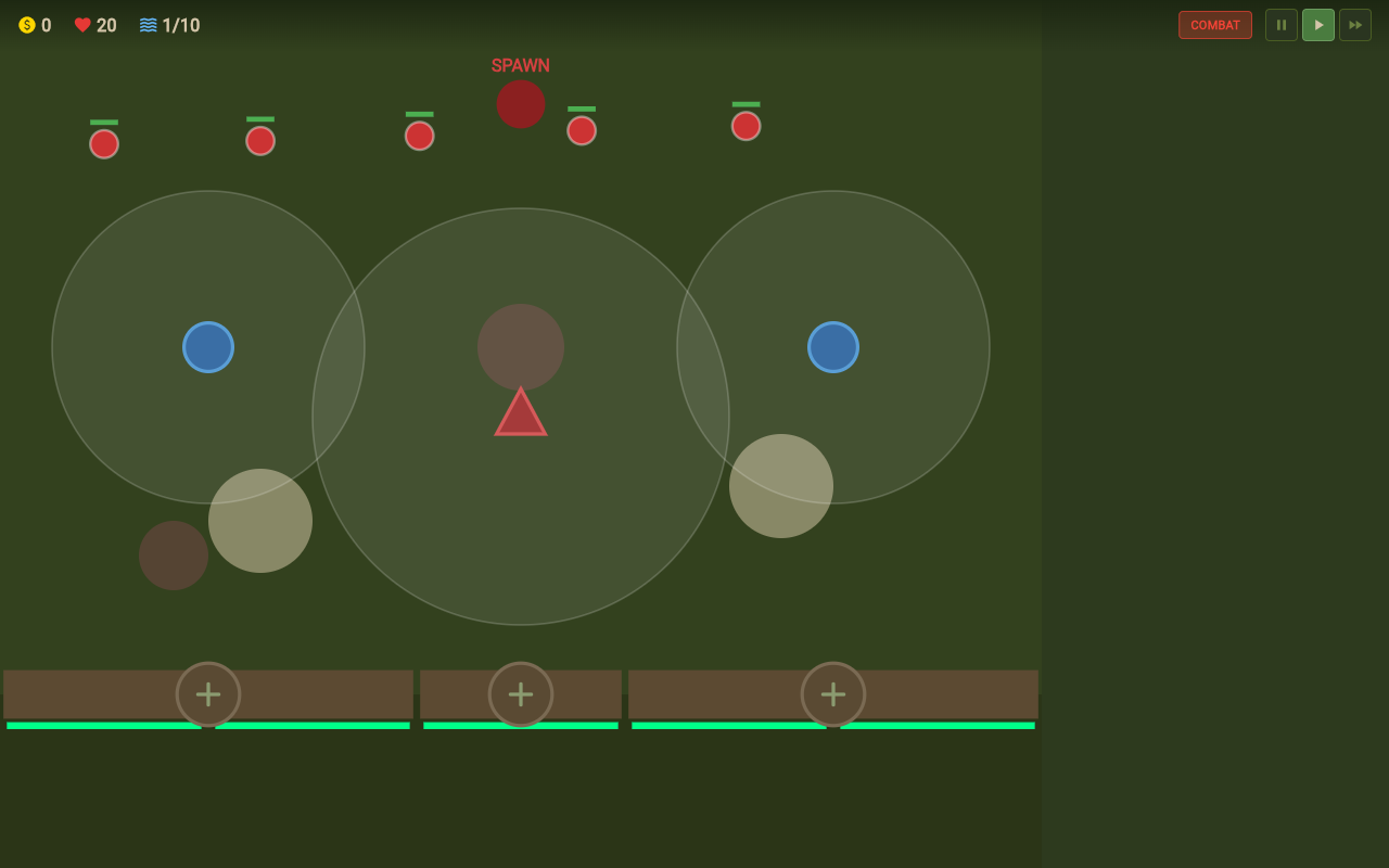 Trench Defense mid-wave: emplaced towers showing their range circles across a green field, enemy units advancing from the spawn point at the top toward the trench line.
